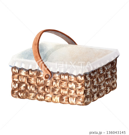 Watercolor wicker picnic basket with fabric liner, isolated on white background. Perfect for picnic design, rustic invitations, greeting cards, farmhouse decor, seasonal posters, lifestyle projects 136043145