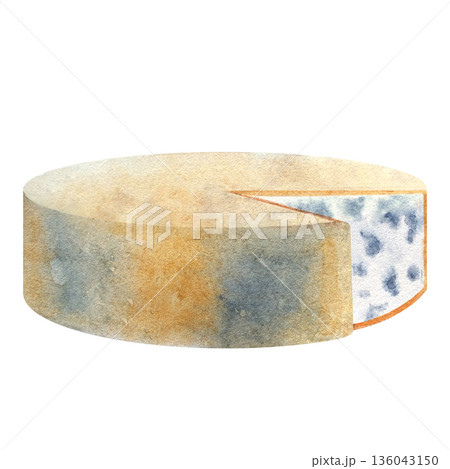 Watercolor cheese wheel with slice, isolated on white background. Perfect for gourmet food design, restaurant menu, packaging, cooking blogs, culinary, farmers market posters, rustic kitchen decor 136043150