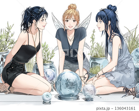 妖精シリーズ：魔法のオーブを囲むピクシー姉妹｜幻想的なファンタジーイラスト 136043161