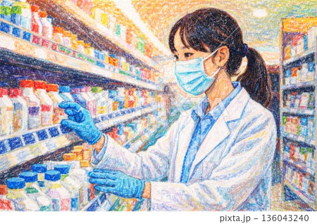 ドラッグストアで品出しをする薬剤師の日本人女性 136043240