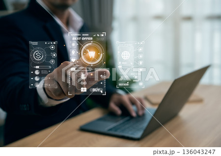 Businessman holding CO2 icon with gears and renewable energy icons. Concept of carbon footprint reduction, net zero emissions, sustainability, and ESG goals for environmental technology. Businessman holding CO2 icon with gears and renewable energy icons. Concept of carbon footprint reduction, net zero emissions, sustainability, and ESG goals for environmental technology. 136043247