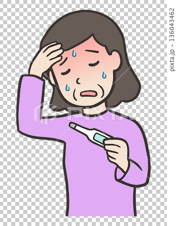 体温計を持ち、発熱している中年女性 体温計を持ち、発熱している中年女性 136043462