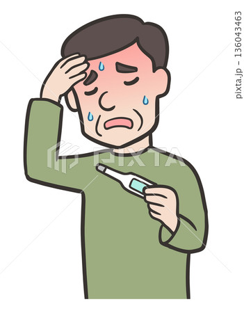 体温計を持ち、発熱している中年男性 136043463