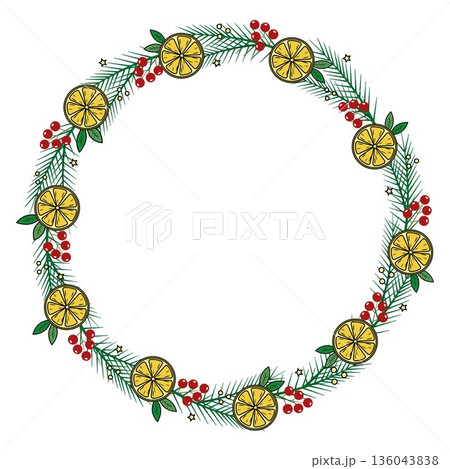 Graphic vector wreath with fir branches, oranges. A template for the design of labels and packages of Christmas sweets. Graphic vector wreath with fir branches, oranges. A template for the design of labels and packages of Christmas sweets. 136043838