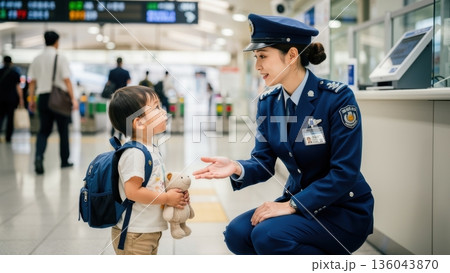 駅の構内で迷子になった男の子を優しく助ける女性警察官 136043870