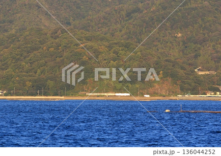 江田島(広島県)から見る海沿いを走る夕日を浴びて輝く列車 136044252