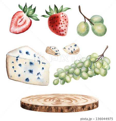 Watercolor picnic clipart set with wine bottle, champagne glasses, grapes, cheese and wooden board. Ideal for menu design, winery branding, summer picnic invitations and culinary projects Watercolor picnic clipart set with wine bottle, champagne glasses, grapes, cheese and wooden board. Ideal for menu design, winery branding, summer picnic invitations and culinary projects 136044975