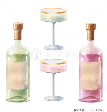 Watercolor wine clipart set with white and rose wine bottles and elegant glasses. illustration for party invitations, wedding stationery, bar menu design, celebration decor, summer event graphics 136044977