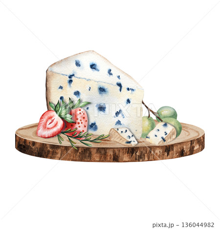 Watercolor cheese board composition with blue cheese, strawberries and grapes on wooden tray. Perfect for food illustration, menu design, invitations, gourmet branding, party decor, festive templates 136044982