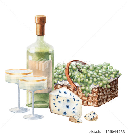Watercolor festive composition with wine bottle, cheese, and willow basket with grapes. Perfect for birthday invitations, celebration cards, catering design, bakery branding and holiday decorations Watercolor festive composition with wine bottle, cheese, and willow basket with grapes. Perfect for birthday invitations, celebration cards, catering design, bakery branding and holiday decorations 136044988