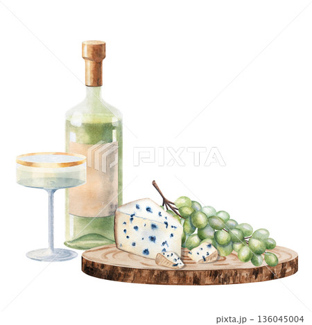 Watercolor wine and blue cheese picnic composition with grapes isolated on white background. Perfect for gourmet branding, restaurant menu design, food posters, party invitations, lifestyle projects 136045004