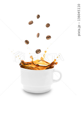 Coffee splash in a white cup with floating bean, dynamic and energetic Demonstration Color of the Year 2026 Coffee splash in a white cup with floating bean, dynamic and energetic Demonstration Color of the Year 2026 136045110