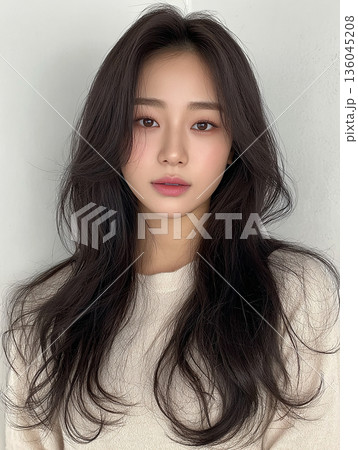 カメラを見つめる自然体の女性 落ち着いたイメージのビューティーフォト 136045208