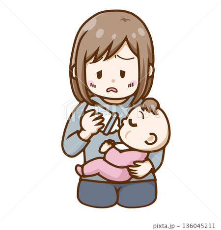授乳に悩む母親と赤ちゃん|哺乳瓶・育児の不安イメージ 授乳に悩む母親と赤ちゃん|哺乳瓶・育児の不安イメージ 136045211