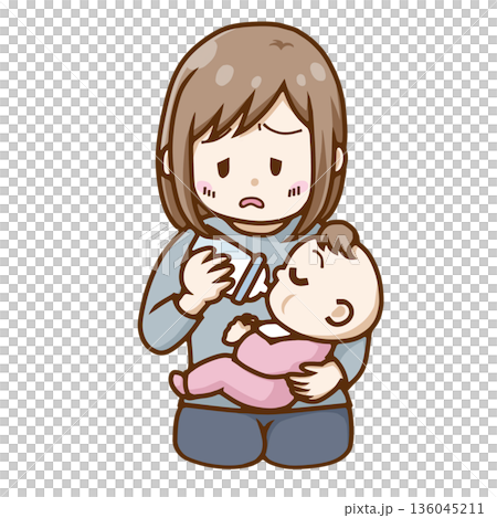 授乳に悩む母親と赤ちゃん|哺乳瓶・育児の不安イメージ 授乳に悩む母親と赤ちゃん|哺乳瓶・育児の不安イメージ 136045211