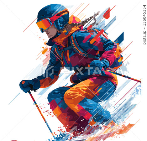 Alpine skiing graphic art effect poster. Alpine skiing dynamic multicolor graphic wallpaper or banner 136045354