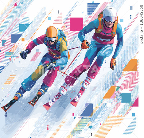 Alpine skiing graphic art effect poster. Alpine skiing dynamic multicolor graphic wallpaper or banner 136045359