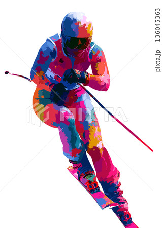 Alpine skiing graphic art effect poster. Alpine skiing dynamic multicolor graphic wallpaper or banner 136045363