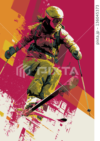 Alpine skiing graphic art effect poster. Alpine skiing dynamic multicolor graphic wallpaper or banner 136045373