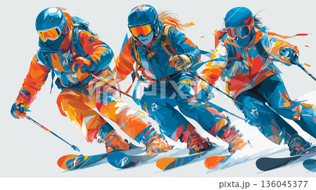 Alpine skiing graphic art effect poster. Alpine skiing dynamic multicolor graphic wallpaper or banner Alpine skiing graphic art effect poster. Alpine skiing dynamic multicolor graphic wallpaper or banner 136045377