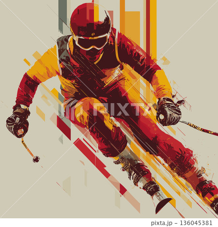 Alpine skiing graphic art effect poster. Alpine skiing dynamic multicolor graphic wallpaper or banner 136045381