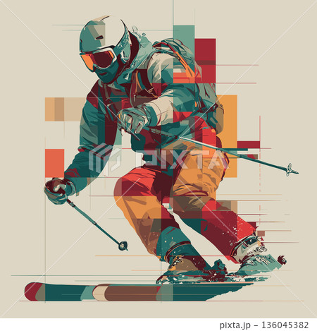 Alpine skiing graphic art effect poster. Alpine skiing dynamic multicolor graphic wallpaper or banner 136045382
