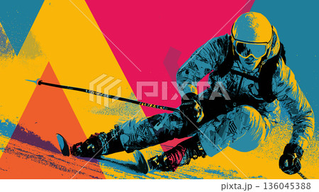 Alpine skiing graphic art effect poster. Alpine skiing dynamic multicolor graphic wallpaper or banner 136045388