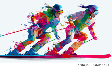 Alpine skiing graphic art effect poster. Alpine skiing dynamic multicolor graphic wallpaper or banner 136045393