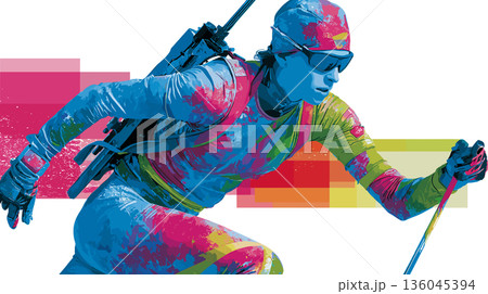 Biathlon graphic art effect poster. Biathlon dynamic multicolor graphic wallpaper or banner 136045394