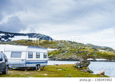 Camper trailer in mountains, Norway Camper trailer in mountains, Norway 136045902