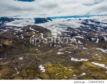 Mountains with snow and glaciers. Road Sognefjellet, Norway 136045903