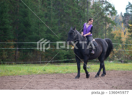 Peaceful Horse Riding Moment In Rural Landscape 136045977