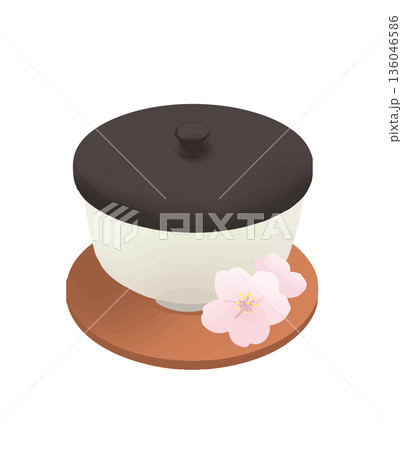 桜茶と湯呑み　春のお祝いを感じる和風イラスト 136046586