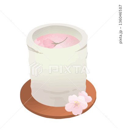 桜茶と湯呑み　春のお祝いを感じる和風イラスト 136046587