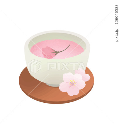 桜茶と湯呑み 春のお祝いを感じる和風イラスト 桜茶と湯呑み 春のお祝いを感じる和風イラスト 136046588