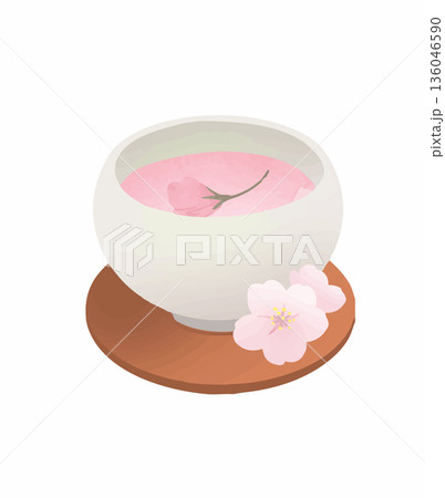 桜茶と湯呑み　春のお祝いを感じる和風イラスト 136046590