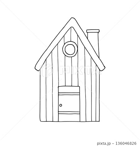 Vector cute birdhouse with door and chimney. Graphic spring house, easter hand drawn illustration isolated on background. Botanical and clip art. For greeting card, wallpaper, wrapping paper design 136046826