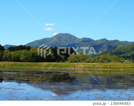 田植え前の水鏡に映る「逆さ東根山」 初夏の岩手 136046983