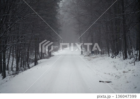 Snowy winter road. Dangerous car driving in the mountains in the winter. Concept for transportation, cars and travel. Snowy winter road. Dangerous car driving in the mountains in the winter. Concept for transportation, cars and travel. 136047399