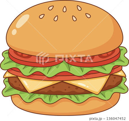 Hand Drawn Minimalist Illustration of a Large Hamburger with Beef Patty Cheese Lettuce and Tomato for Fast Food and Menu Design Hand Drawn Minimalist Illustration of a Large Hamburger with Beef Patty Cheese Lettuce and Tomato for Fast Food and Menu Design 136047452