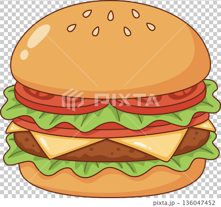 Hand Drawn Minimalist Illustration of a Large Hamburger with Beef Patty Cheese Lettuce and Tomato for Fast Food and Menu Design Hand Drawn Minimalist Illustration of a Large Hamburger with Beef Patty Cheese Lettuce and Tomato for Fast Food and Menu Design 136047452
