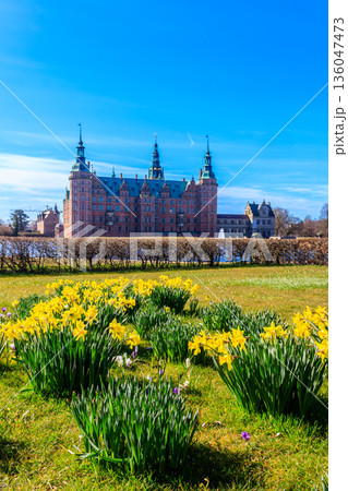 View of Frederiksborg castle in Hillerod, Denmark. Beautiful lake and garden with crocuses and daffodils on a foreground 136047473