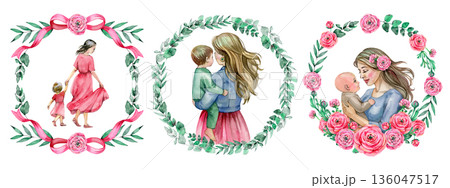 Watercolor collection for Mother's Day featuring three circular floral compositions: a mother with a daughter, a mother holding a son, and a mother with a baby, all framed by botanical wreaths. Watercolor collection for Mother's Day featuring three circular floral compositions: a mother with a daughter, a mother holding a son, and a mother with a baby, all framed by botanical wreaths. 136047517