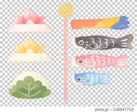 鯉のぼりと柏餅と折り紙の兜　端午の節句イラスト 136047719
