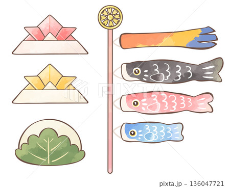 鯉のぼりと柏餅と折り紙の兜 端午の節句イラスト 鯉のぼりと柏餅と折り紙の兜 端午の節句イラスト 136047721