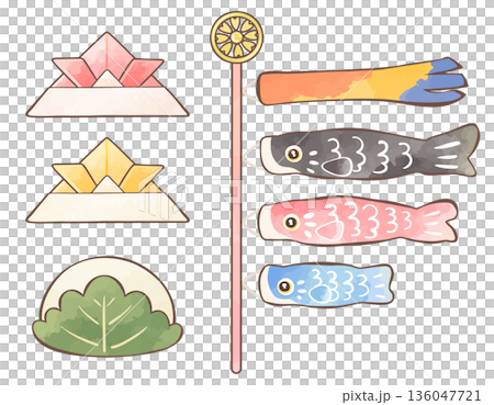 鯉魚旗、柏餅、摺紙頭盔－兒童節插畫 136047721