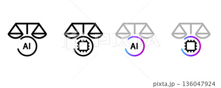 AI justice legal ethics icon balance scales with artificial intelligence symbol for digital law judicial automated court decision making regulatory compliance technology AI justice legal ethics icon balance scales with artificial intelligence symbol for digital law judicial automated court decision making regulatory compliance technology 136047924