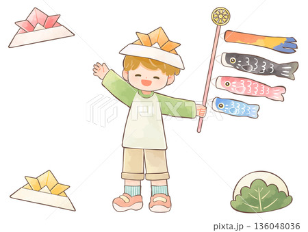 兜を被って鯉のぼりを持った男の子　端午の節句 136048036