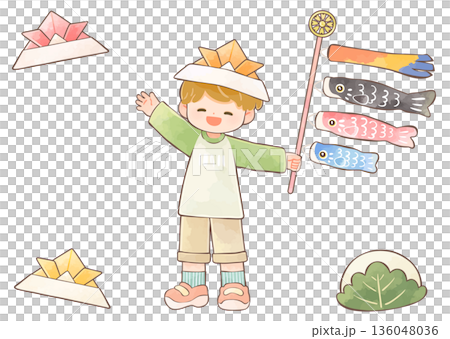 兜を被って鯉のぼりを持った男の子　端午の節句 136048036