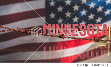Minnesota State Name with Barbed Wire and Bullet Concept 3d render. 136048171